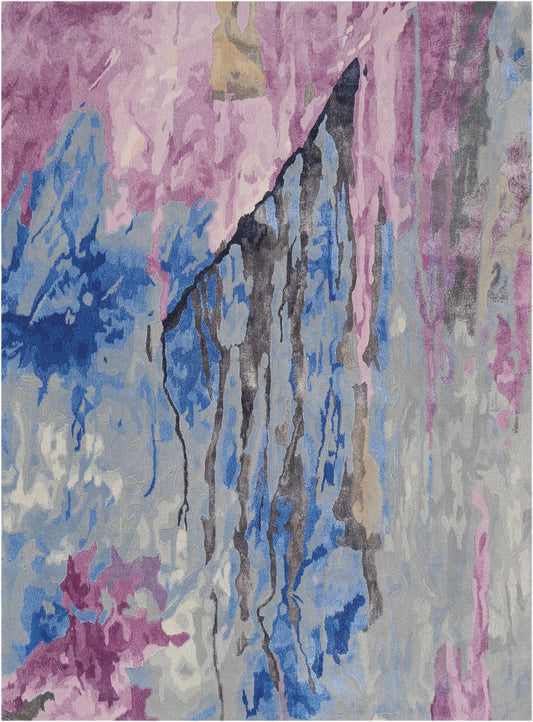Abstract rectangular rug with purple, pink, blue and gray hues in a flowing, painterly dripped pattern.