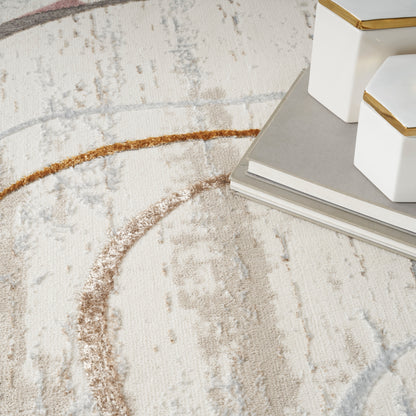 Abstract cream rug with sweeping taupe & rust curves; white ceramic boxes with gold trim atop gray notebooks.