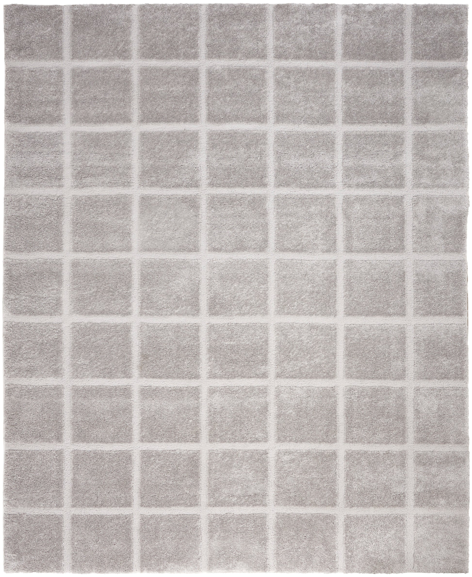 Gray grid-pattern rug with evenly spaced square tiles and soft textured surface.