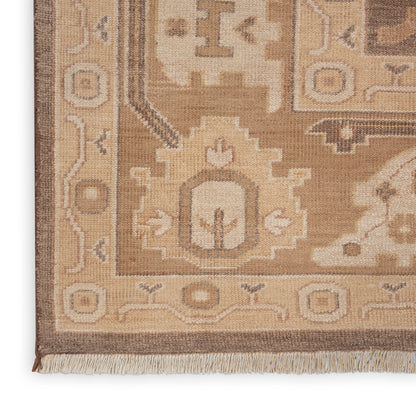 Beige-brown oriental rug corner with fringe along bottom edge; geometric medallions and borders in warm neutrals.