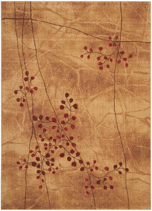 Rectangular beige area rug with red berry vine motif and dark brown branches.