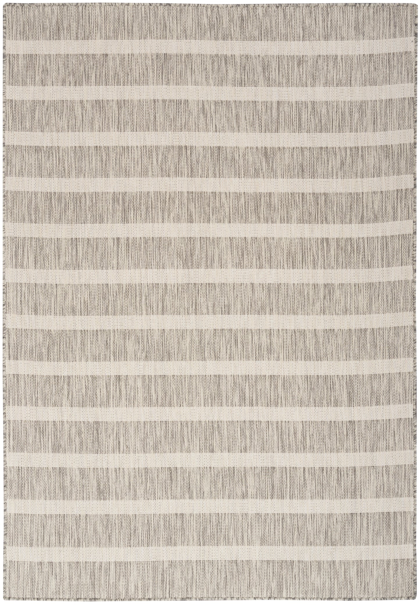 Beige and gray striped rug with a textured weave; rectangular, modern living-room decor.