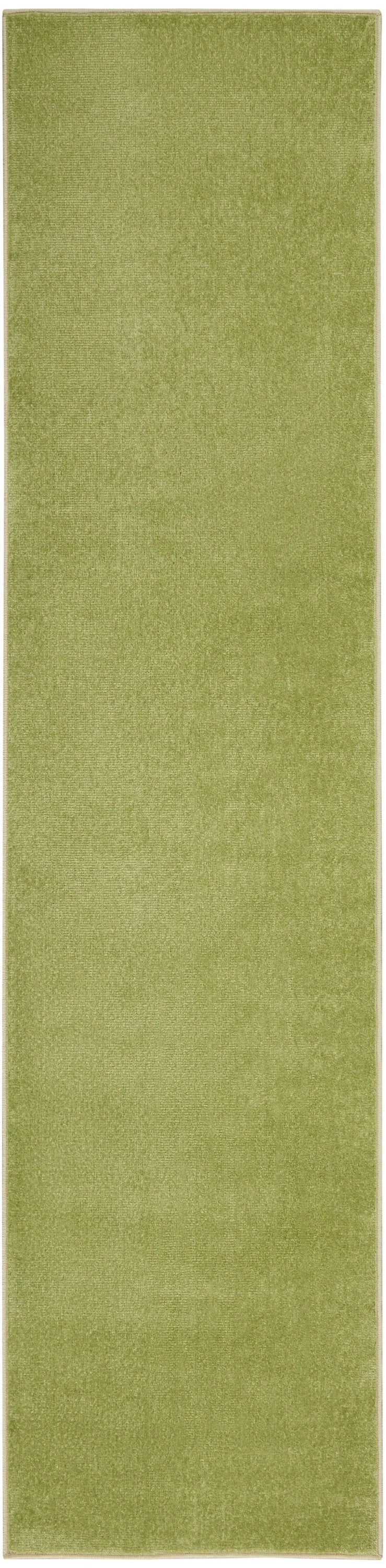 Olive green velvet rug runner with a light beige border, rectangular shape and soft pile.