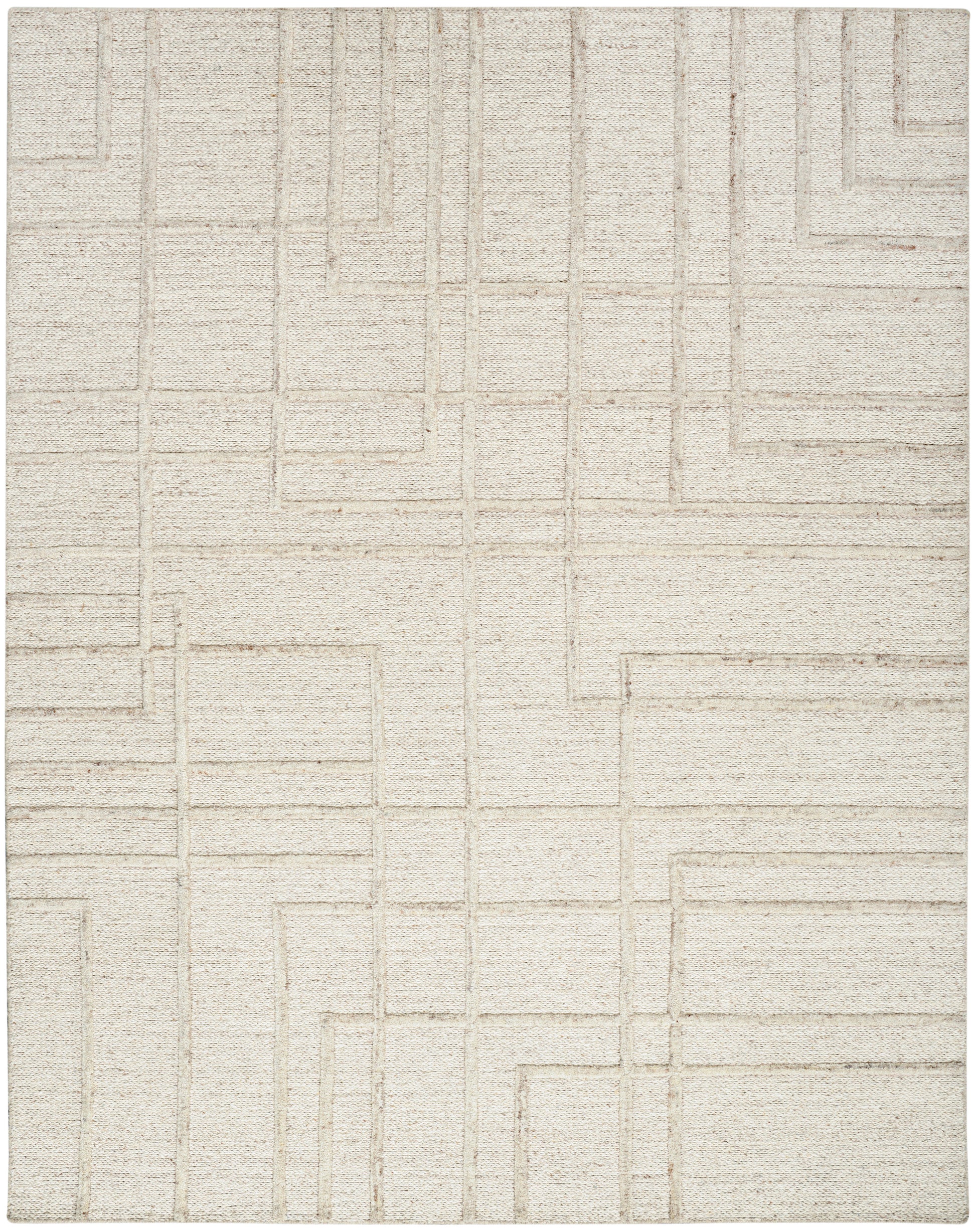 Rectangular beige woven area rug with a subtle geometric maze pattern in neutral tones.