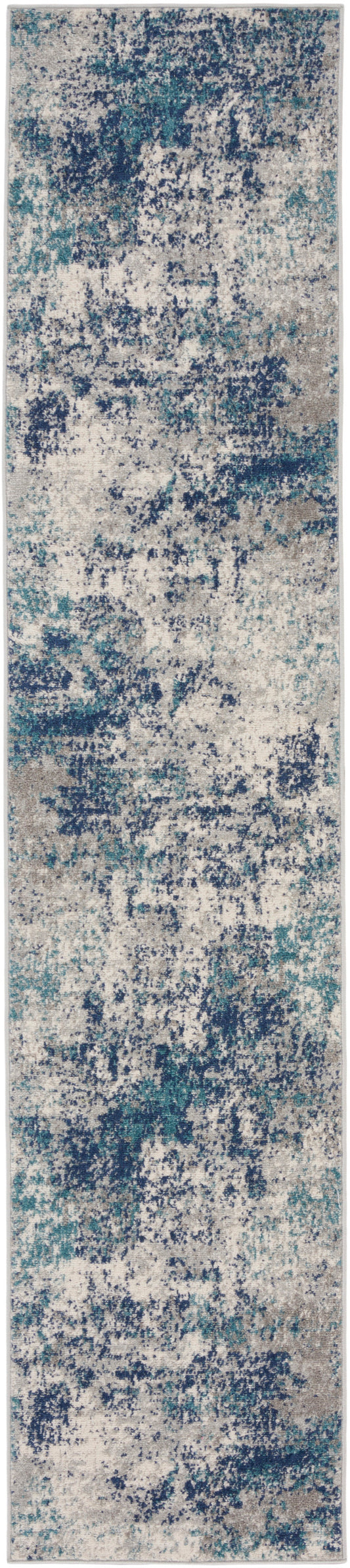 Abstract blue-teal beige area rug with misty, watercolor-like pattern; modern decor, rectangular.