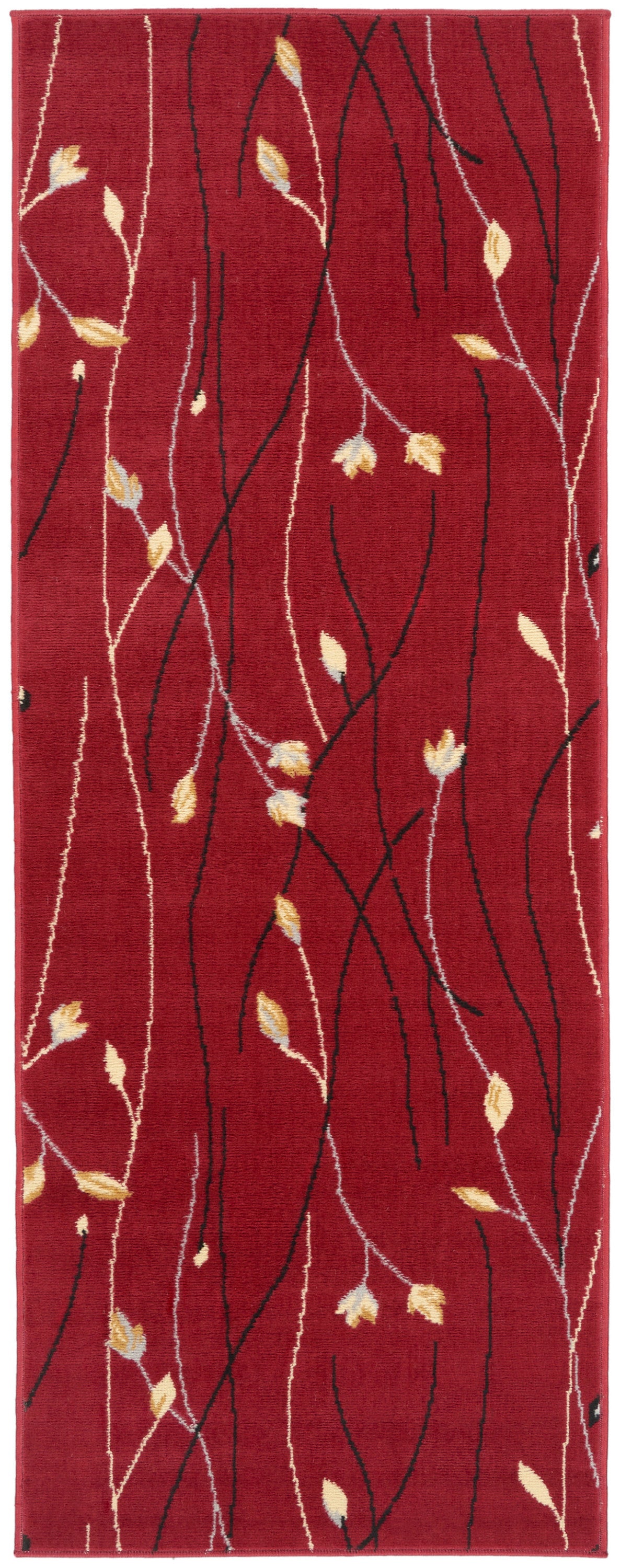 Red rectangular runner rug with black and white winding vines and small yellow-gold leaves.