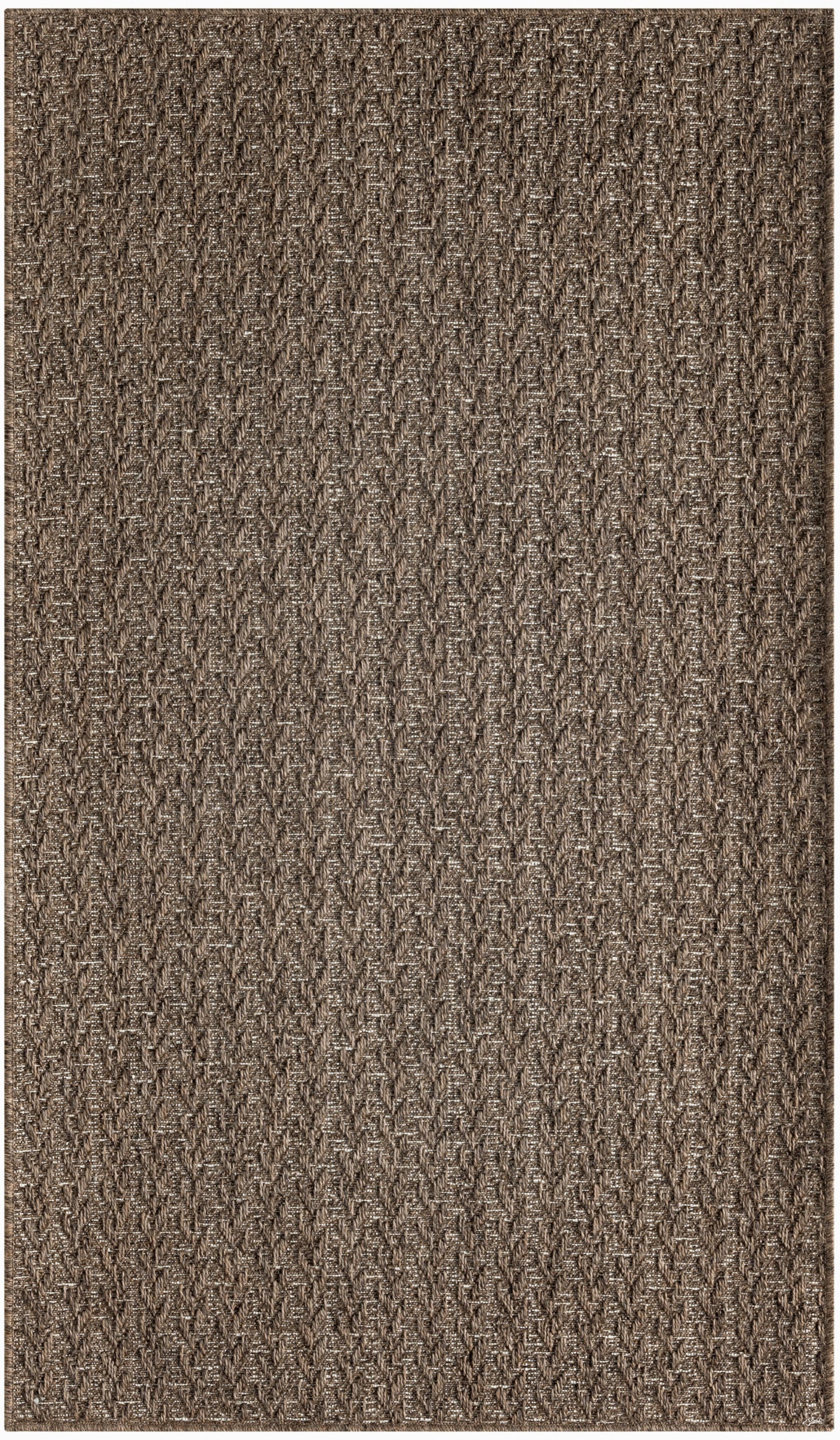 Outdoor 3' x 5' brown textured woven rug with a beige and taupe herringbone pattern; low-pile, rectangular.