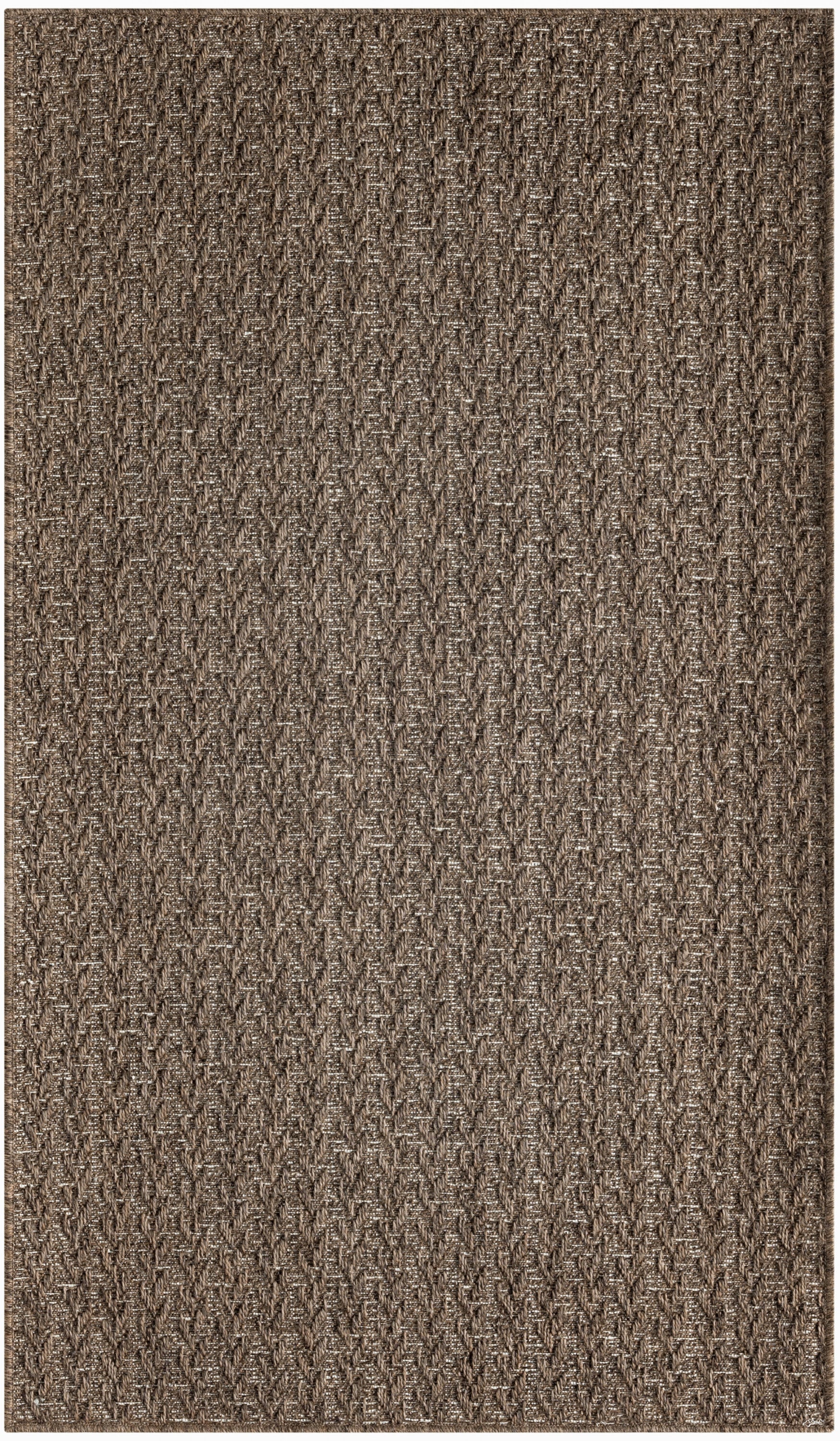 Outdoor 3' x 5' brown textured woven rug with a beige and taupe herringbone pattern; low-pile, rectangular.