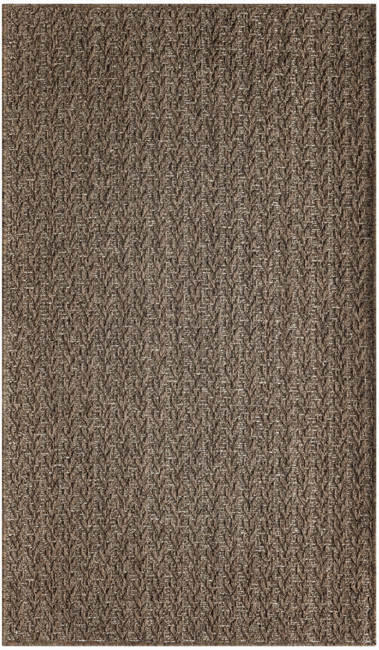 Outdoor 3' x 5' brown textured woven rug with a beige and taupe herringbone pattern; low-pile, rectangular.