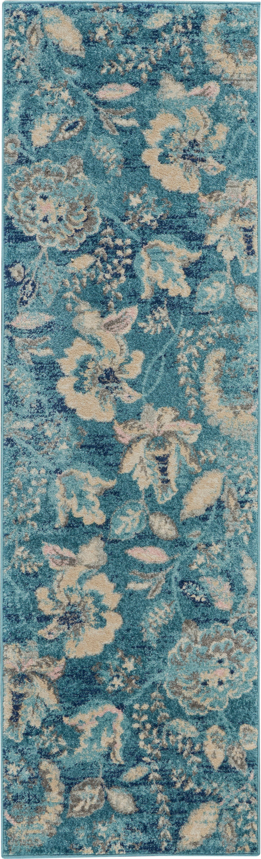 Teal floral runner rug with cream blossoms & pink accents; traditional oriental style, soft textured pile.