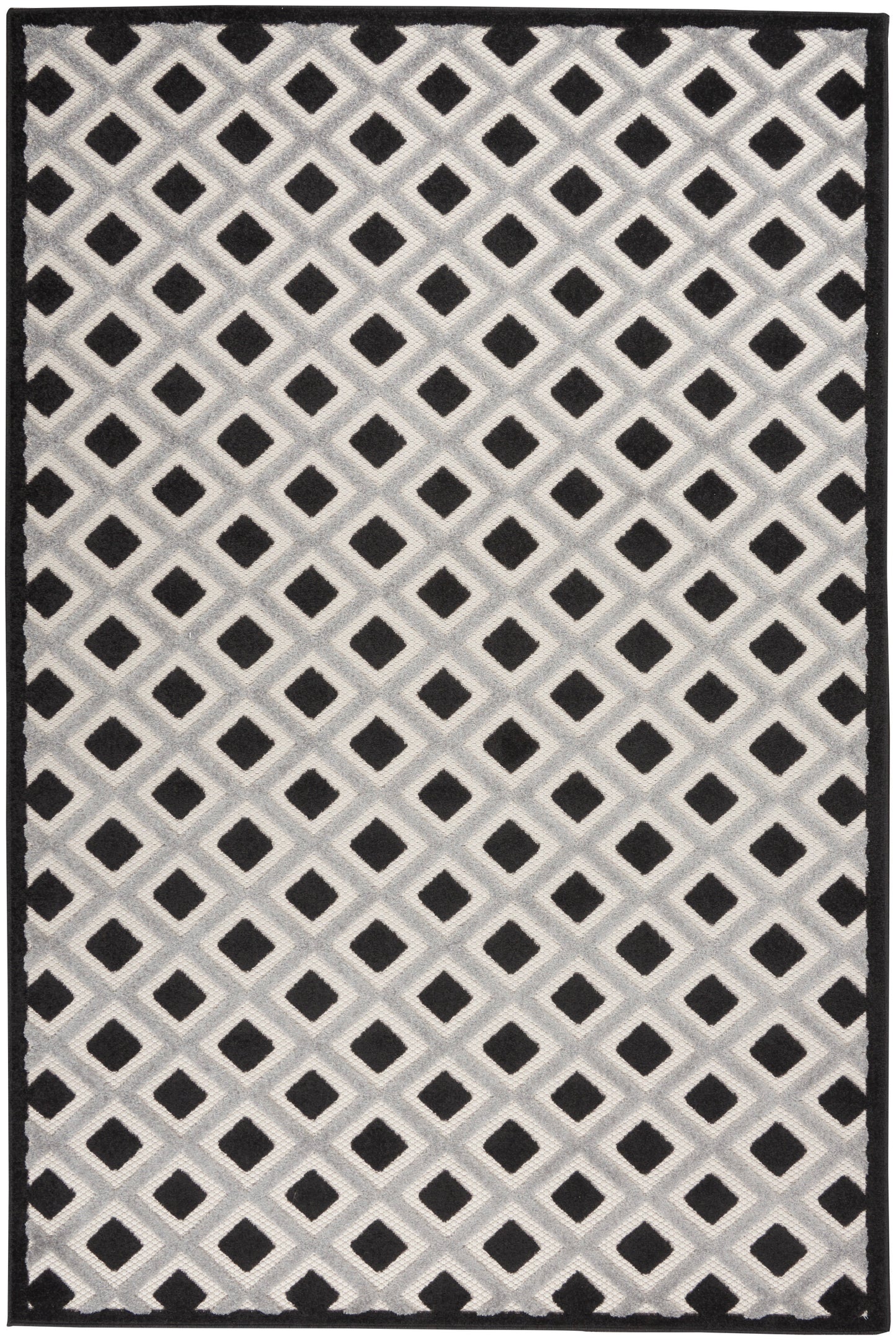 Gray area rug with a repeating lattice of black diamonds on a light gray background and a solid black border.