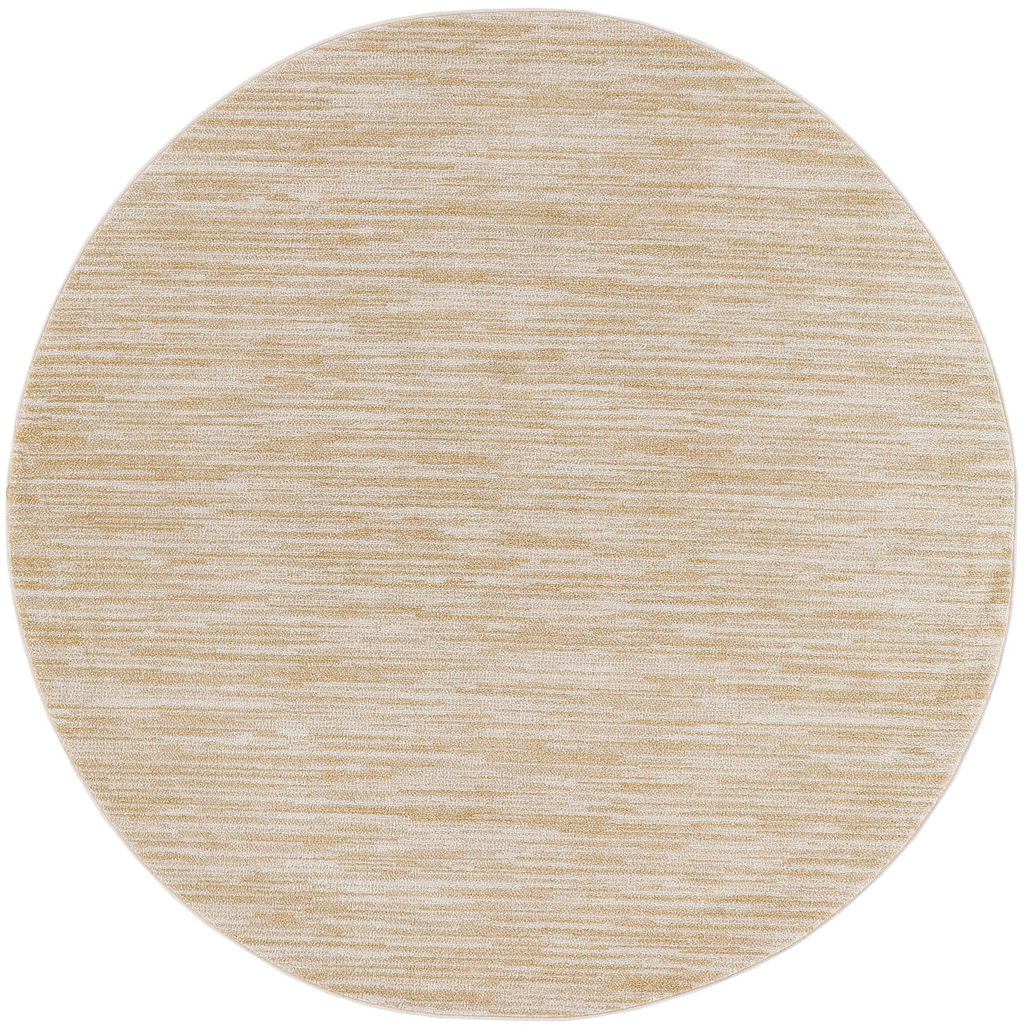 Round beige outdoor rug with subtle horizontal texture in light tan and cream tones.