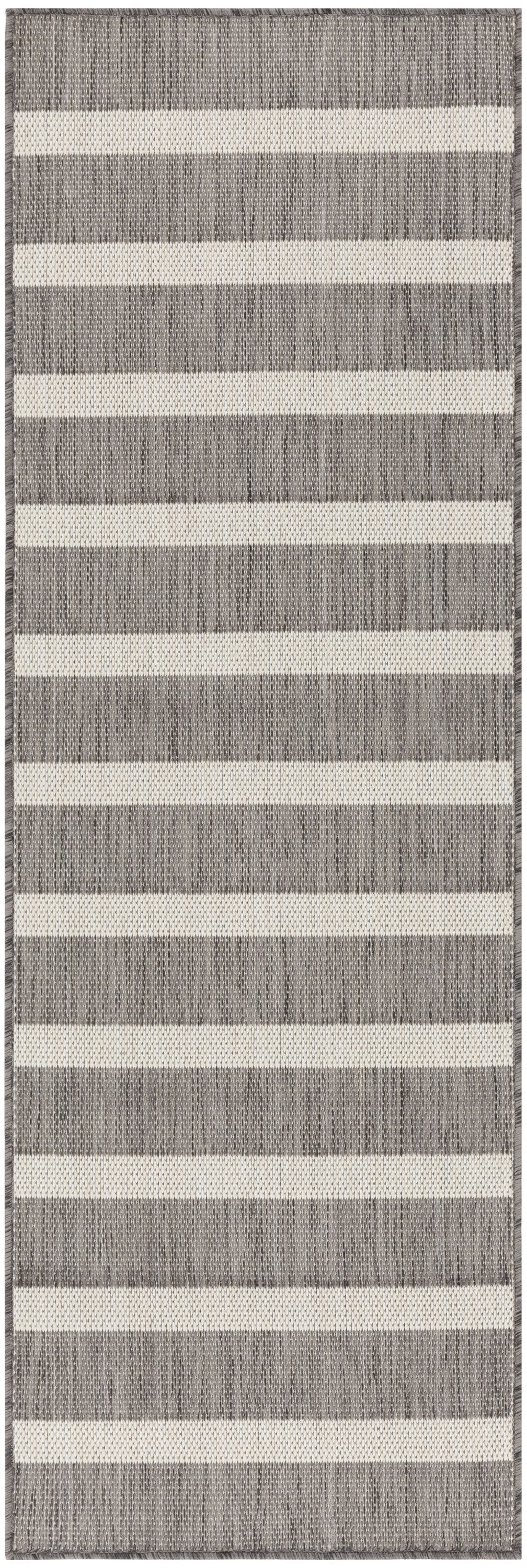 Gray and ivory striped woven runner rug with textured knit and subtle border
