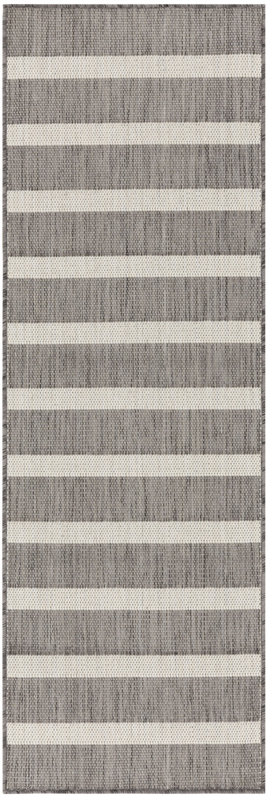Gray and ivory striped woven runner rug with textured knit and subtle border