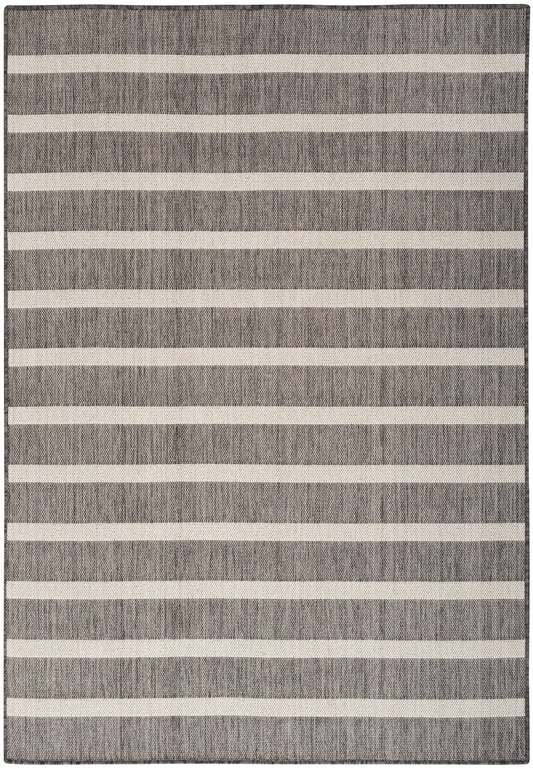 Rectangular gray textured rug with wide cream horizontal stripes; modern woven flat-weave for living room.