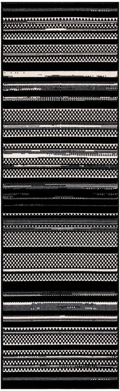 Black and white striped rug runner with geometric checker patterns and bold horizontal bands, modern tribal style.