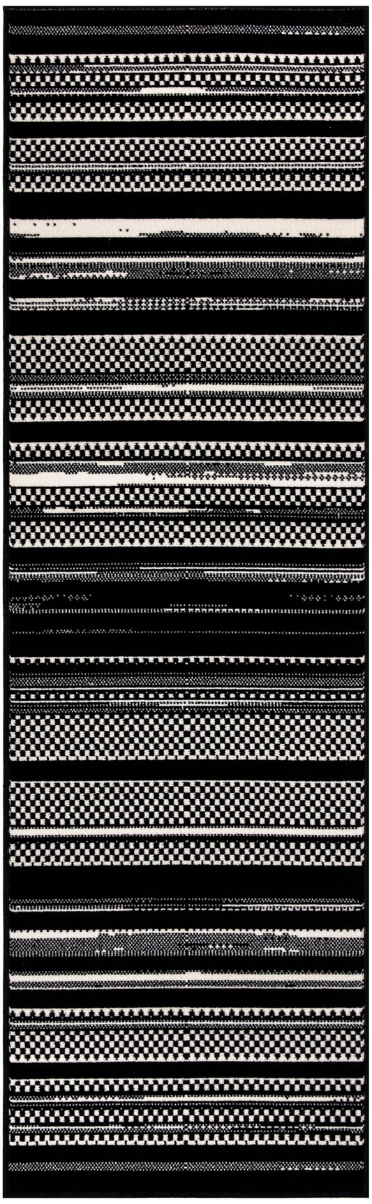 Black and white striped rug runner with geometric checker patterns and bold horizontal bands, modern tribal style.