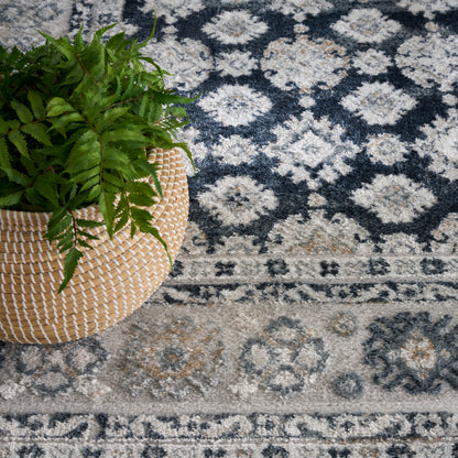 Navy & ivory patterned area rug with medallion motifs; woven straw basket with a lush green fern.