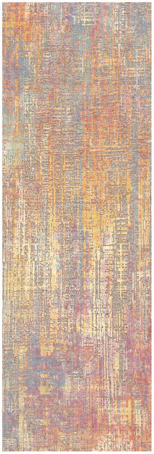 Abstract distressed rug with vertical faded stripes in peach, pink, yellow, lavender and gray; woven textile