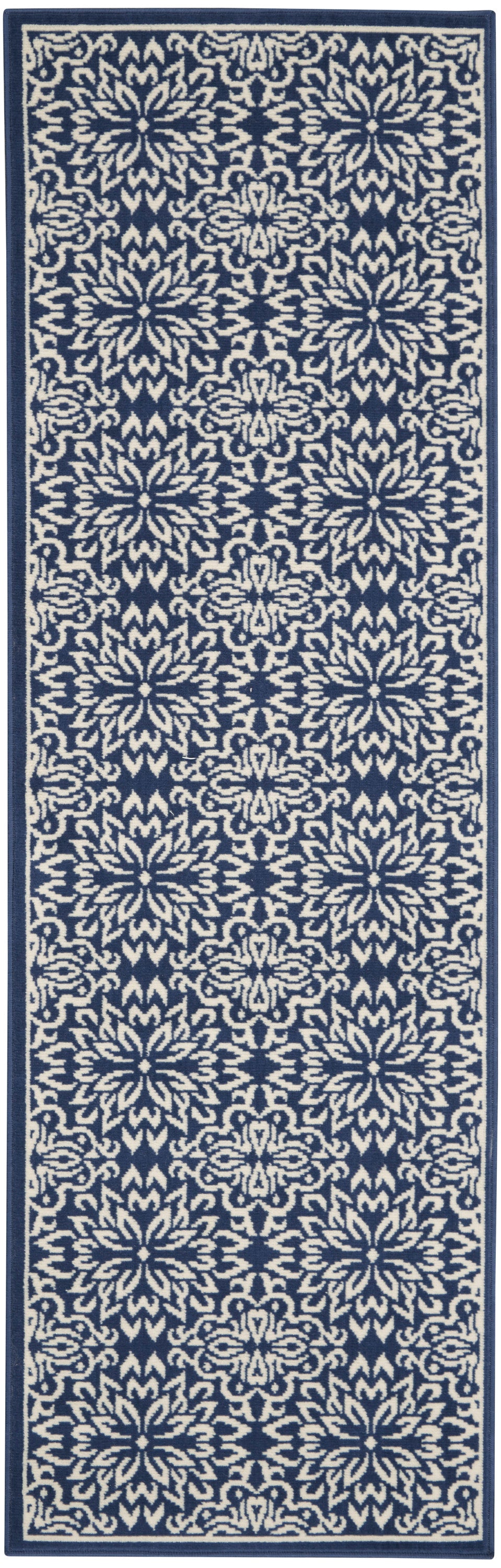 Navy blue runner rug with ivory ornate floral medallion pattern and light border; decorative hallway decor.