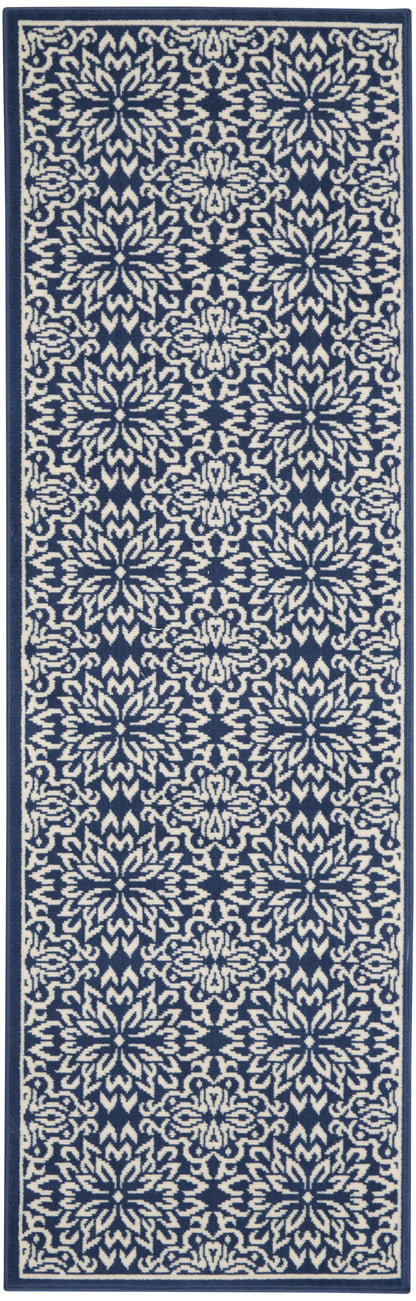 Navy blue runner rug with ivory ornate floral medallion pattern and light border; decorative hallway decor.