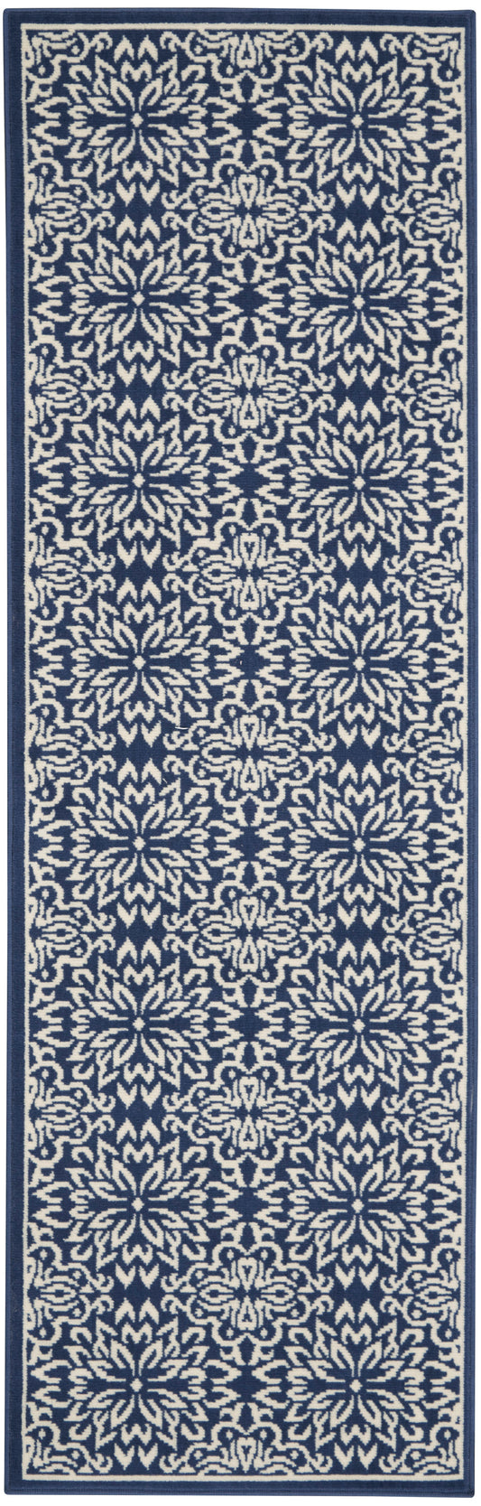 Navy blue runner rug with ivory ornate floral medallion pattern and light border; decorative hallway decor.