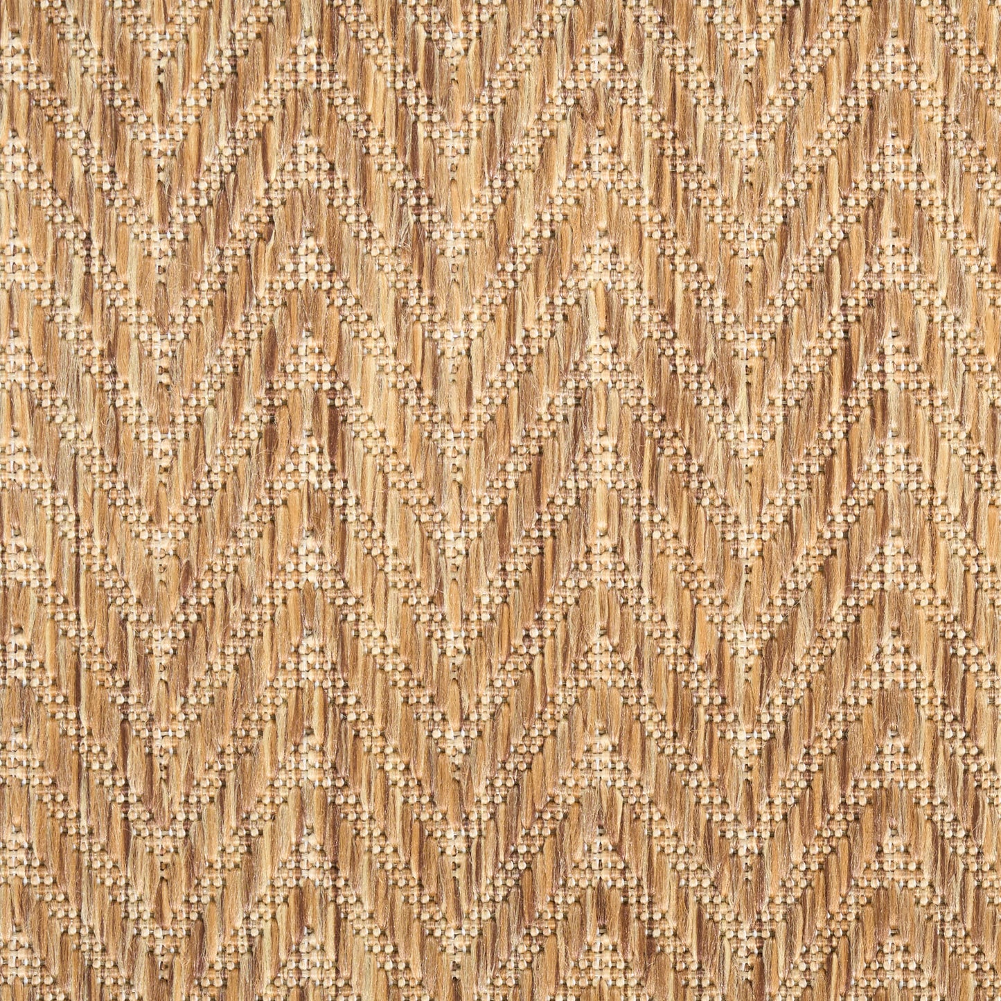 Beige woven fabric with tan chevron zigzag pattern and dotted bead-like embroidery; rustic upholstery textile.