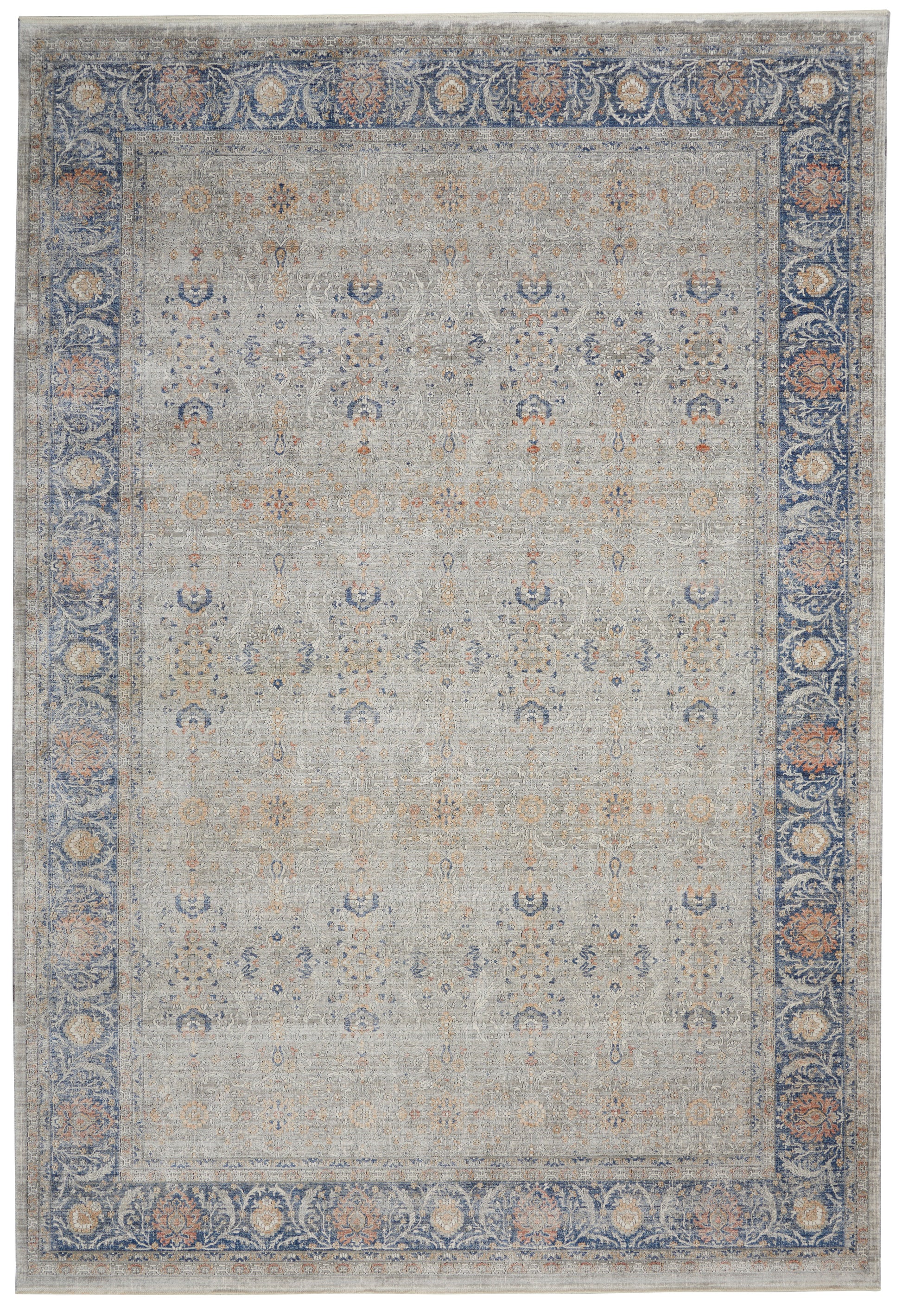 Traditional rug with a blue ornate border and a light gray field dotted with subtle blue, peach and tan floral motifs.