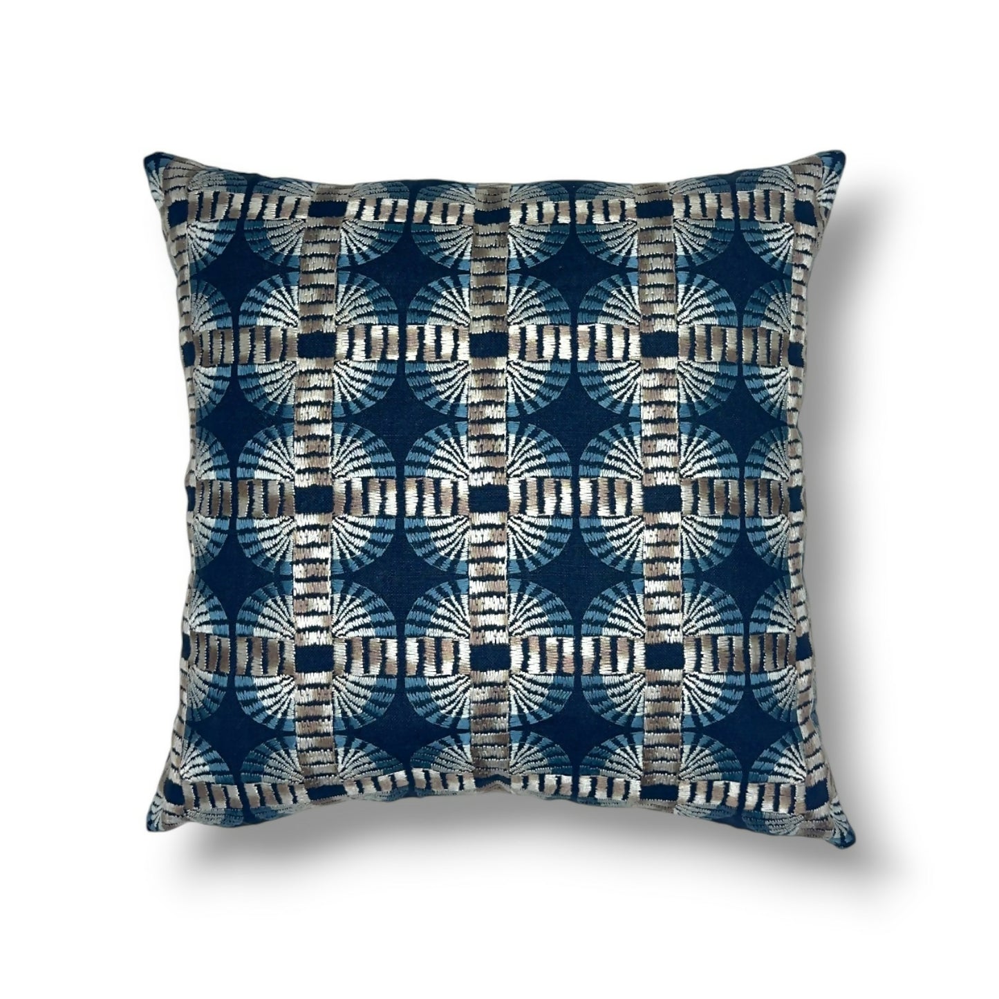 20" Indigo / Blue / Navy / Taupe Cotton Blend (AppliquéEmbroidered Linen Blend Pillow Cover in Clarence House Jimbaran – Indigo Fabric