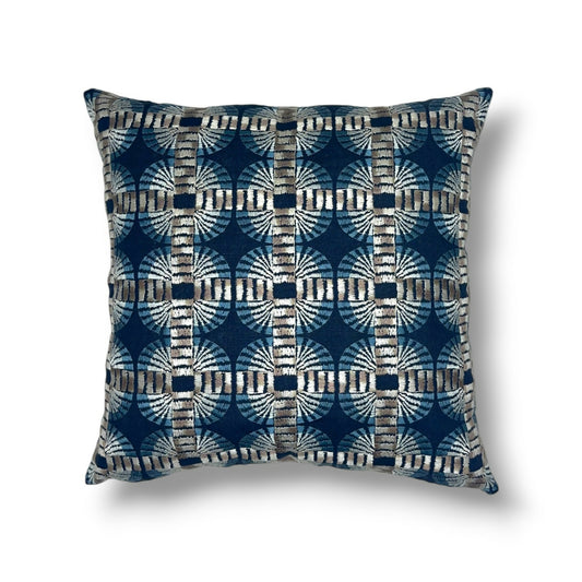 20" Indigo / Blue / Navy / Taupe Cotton Blend (AppliquéEmbroidered Linen Blend Pillow Cover in Clarence House Jimbaran – Indigo Fabric