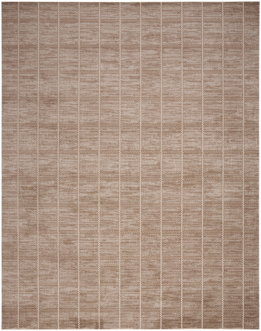 Beige woven rug with subtle cream vertical grid lines on taupe background; rectangular, modern casual style.