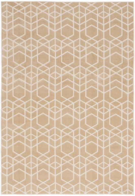 Beige area rug with an allover white geometric cube/isometric pattern; modern, versatile for living spaces.