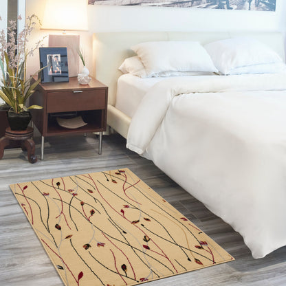 Beige area rug with multicolored wavy lines beside a white bed, dark wood nightstand, plant, and soft lamp light.