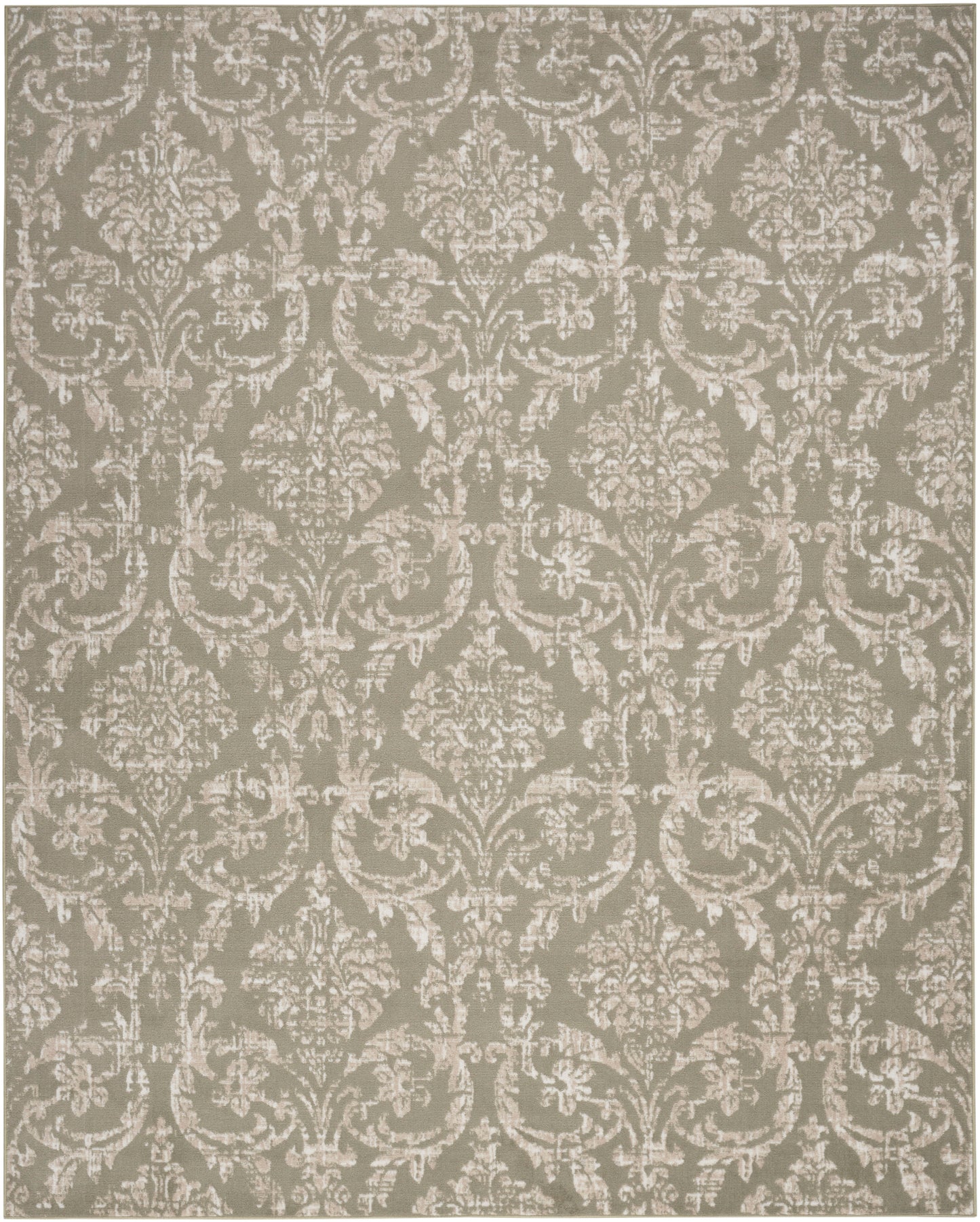 Ivory damask floral pattern on taupe background; classic ornate textile design.