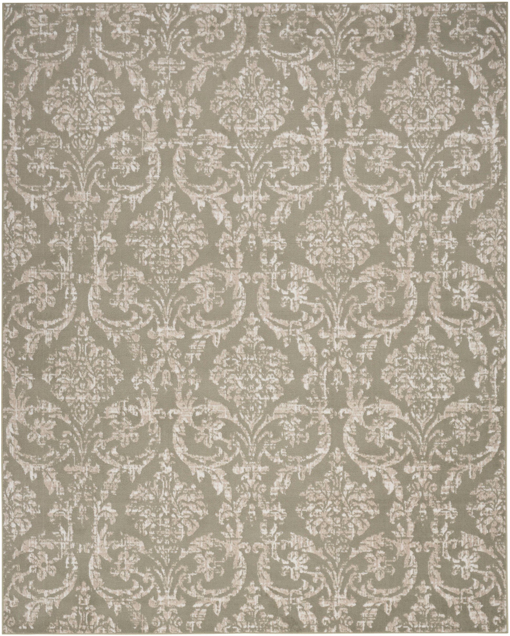 Ivory damask floral pattern on taupe background; classic ornate textile design.