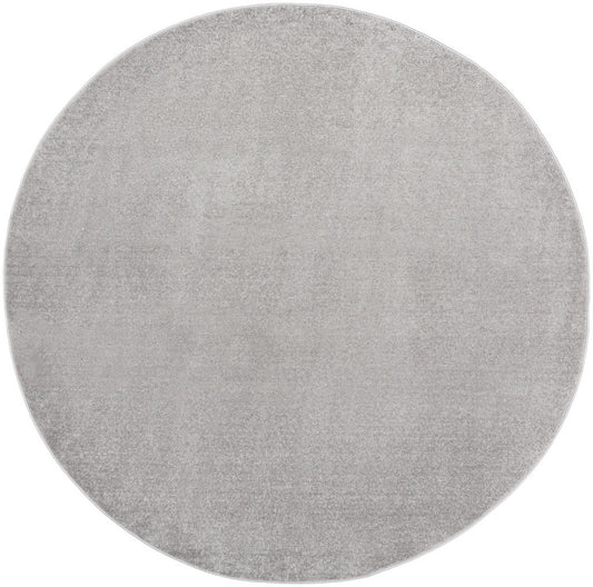 Round outdoor rug, 10' diameter, light-gray; weather-resistant floor decor for patio or outdoor living spaces.