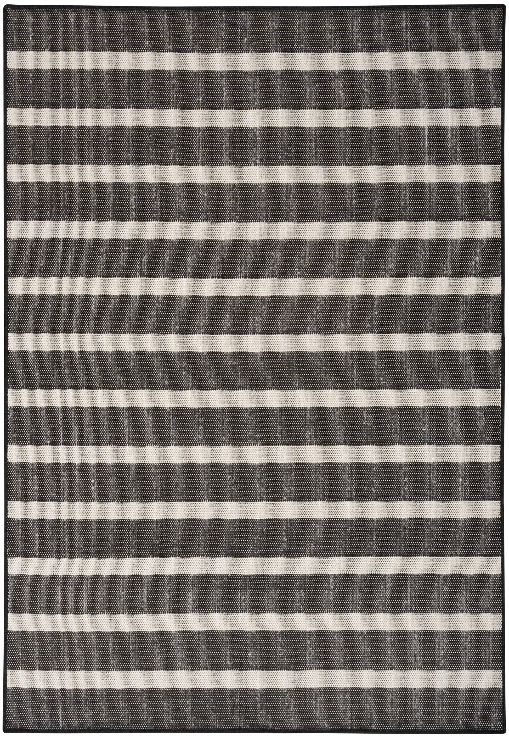 Rectangular rug with dark gray and cream horizontal stripes, woven texture, modern minimalist style.