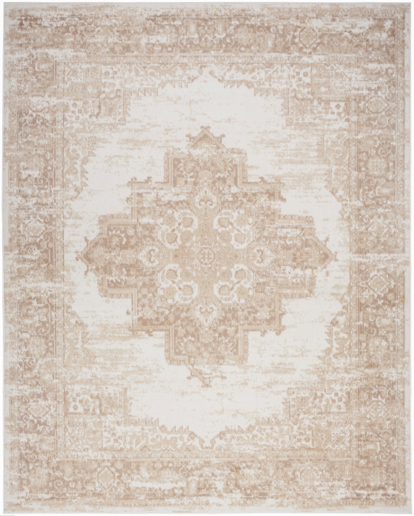 Beige distressed oriental area rug with a faded central medallion and ornate border.