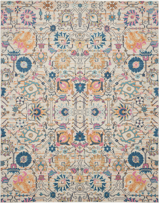 Oriental-style area rug with ivory base & multi-color teal, coral, pink, yellow floral motifs & geometric patterns.