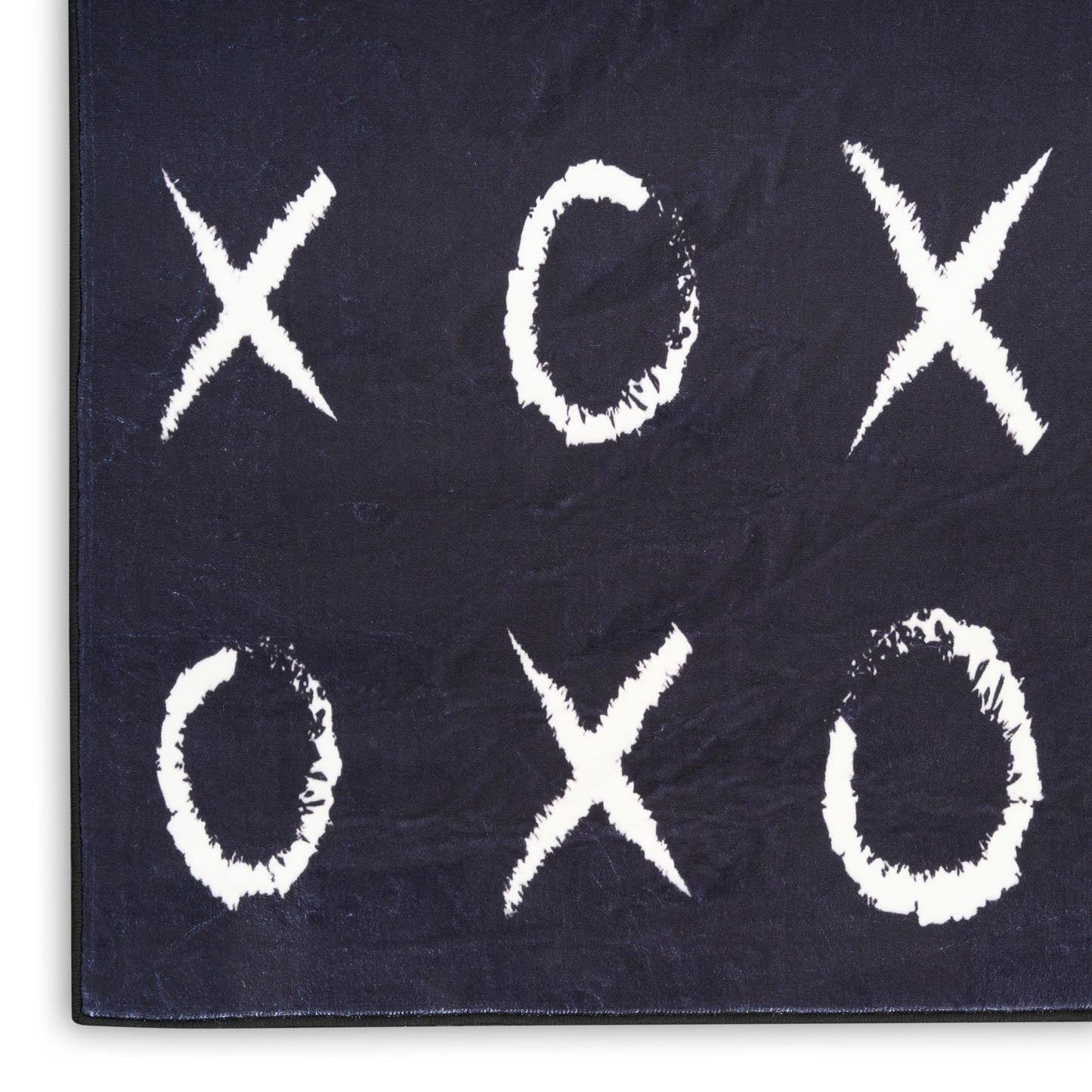 Navy rug featuring chalk-white X O X and O X O tic-tac-toe pattern.