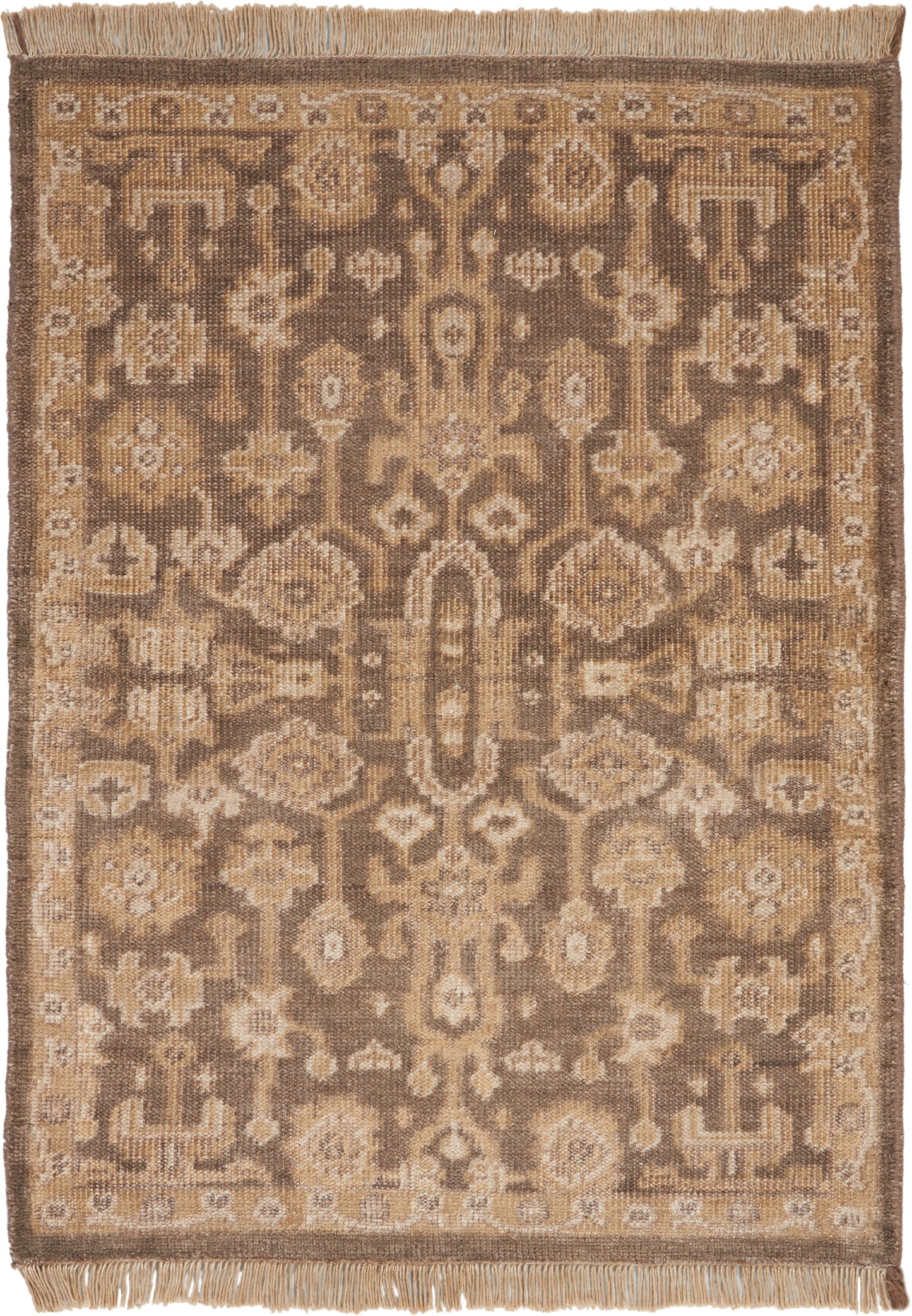 Rectangular oriental-style rug in beige, taupe and caramel with an intricate medallion and floral pattern, fringed ends.