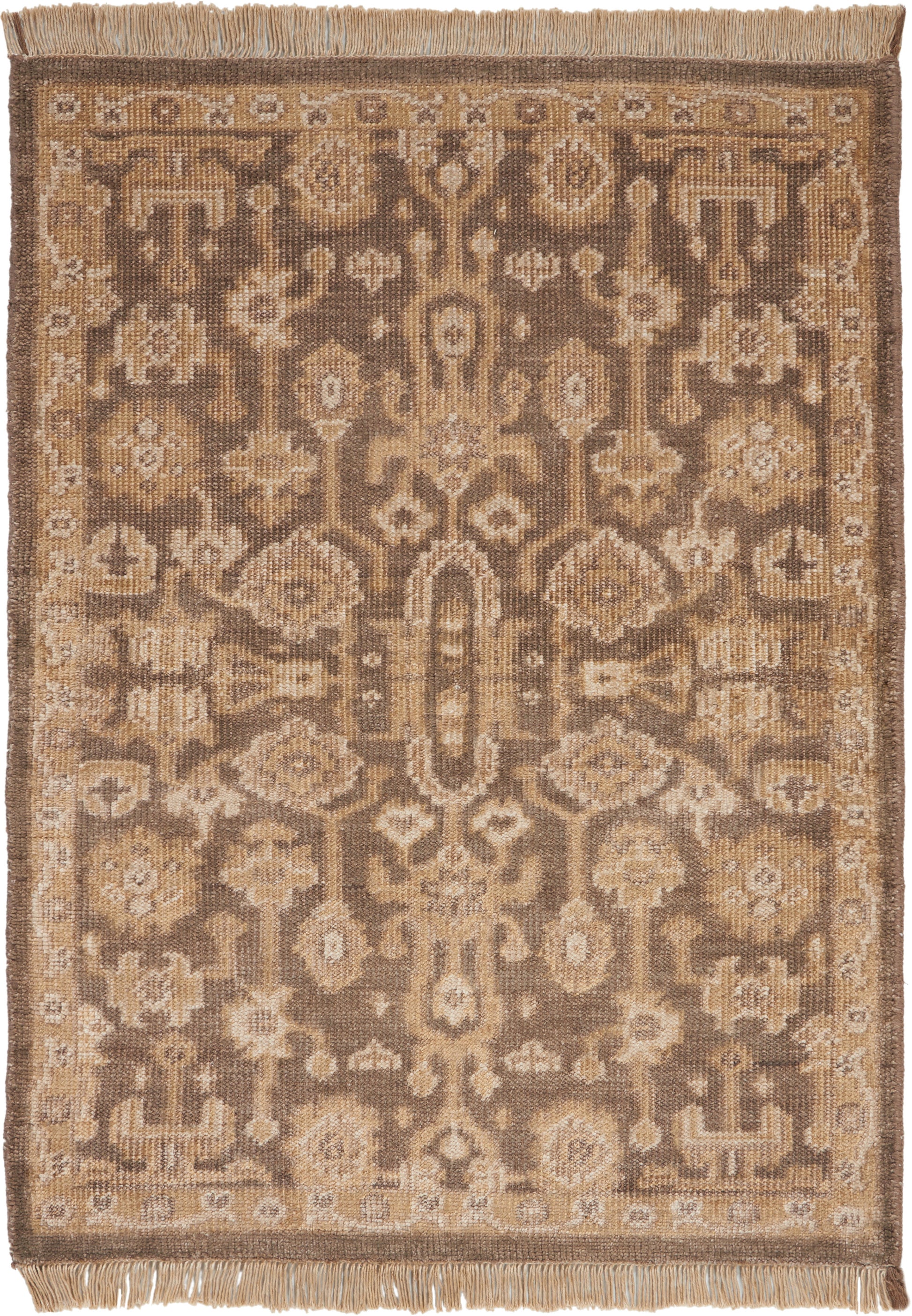 Rectangular oriental-style rug in beige, taupe and caramel with an intricate medallion and floral pattern, fringed ends.