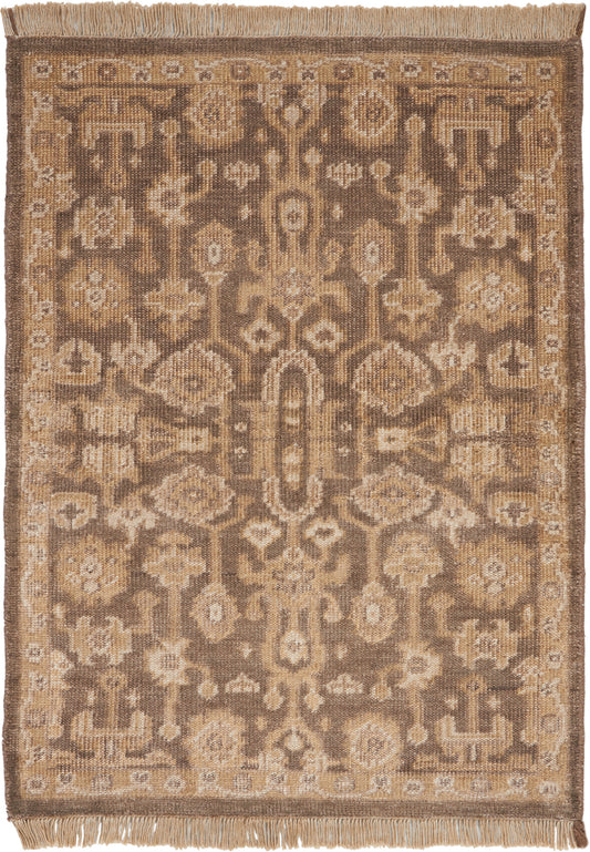 Rectangular oriental-style rug in beige, taupe and caramel with an intricate medallion and floral pattern, fringed ends.