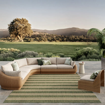 Striped green rug, 8' x 10', on a pastoral landscape setting.