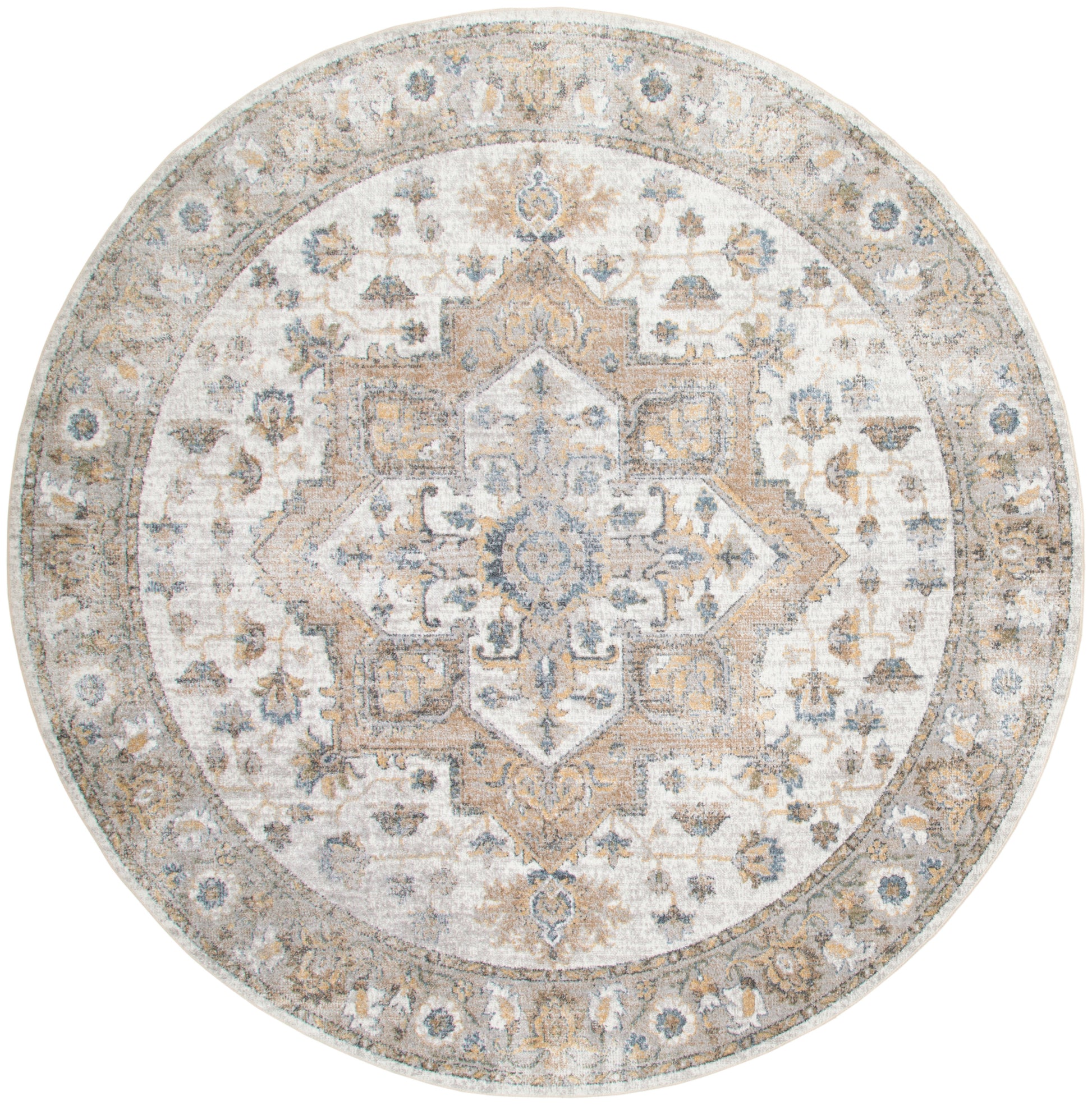 Round oriental-style area rug in ivory, beige, and blue-gray with a central medallion and decorative border.