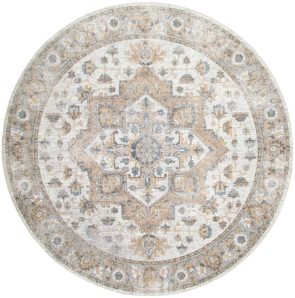 Round oriental-style area rug in ivory, beige, and blue-gray with a central medallion and decorative border.
