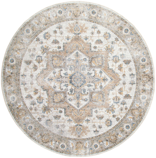 Round oriental-style area rug in ivory, beige, and blue-gray with a central medallion and decorative border.