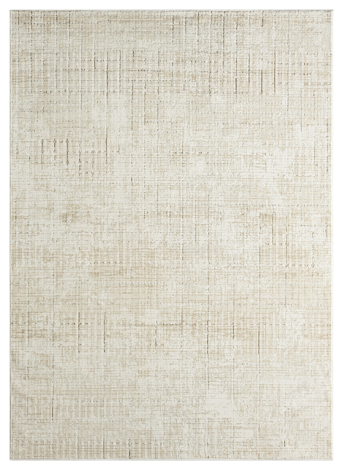 Neutral beige area rug with subtle distressed grid pattern; rectangular, soft pile, versatile for any living room.