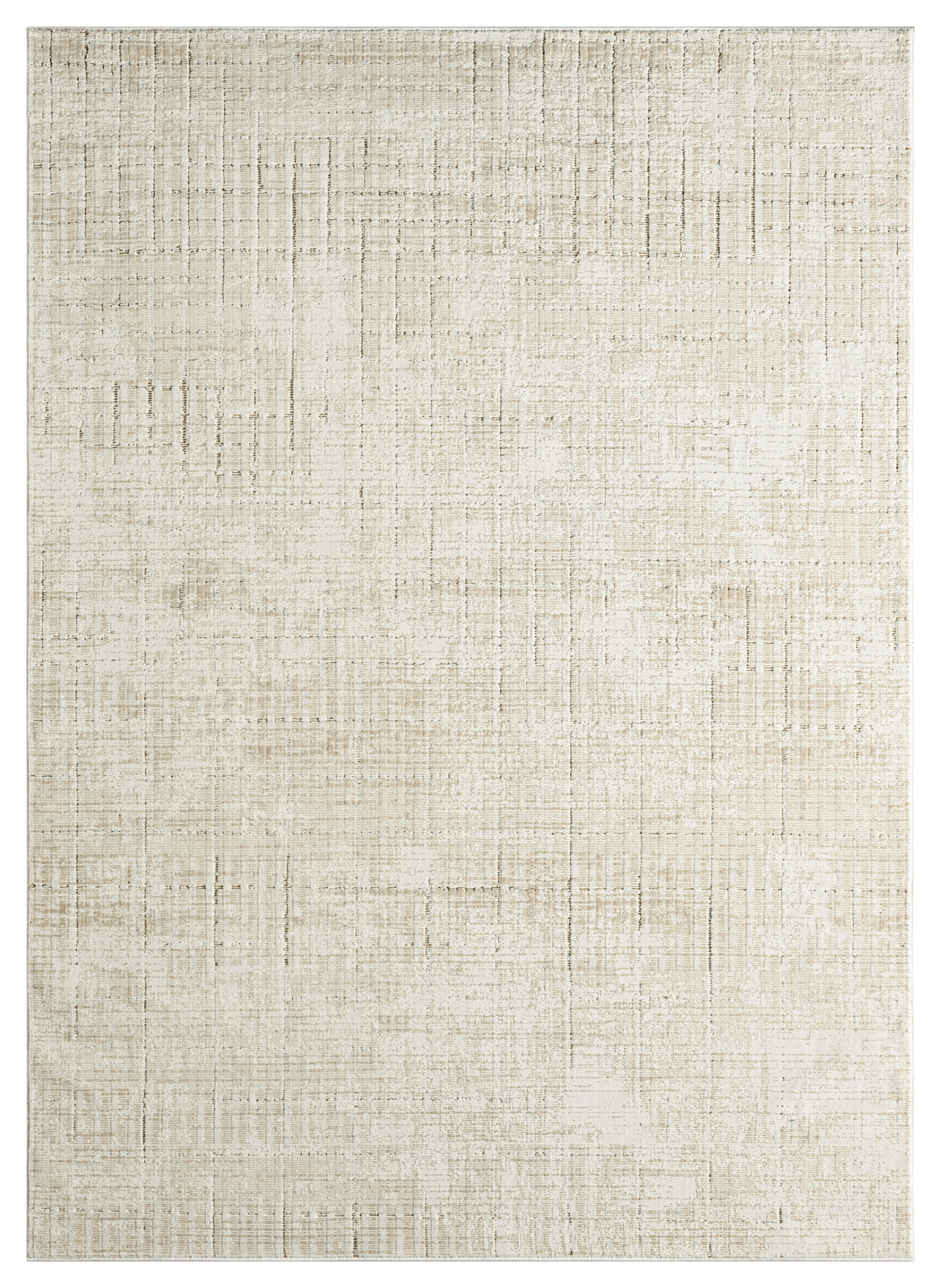 Neutral beige area rug with subtle distressed grid pattern; rectangular, soft pile, versatile for any living room.