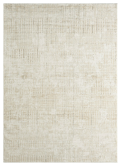 Neutral beige area rug with subtle distressed grid pattern; rectangular, soft pile, versatile for any living room.